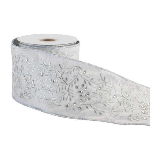 Melrose 4" x 5yd. White & Silver Embroidered Vine Wired Ribbon